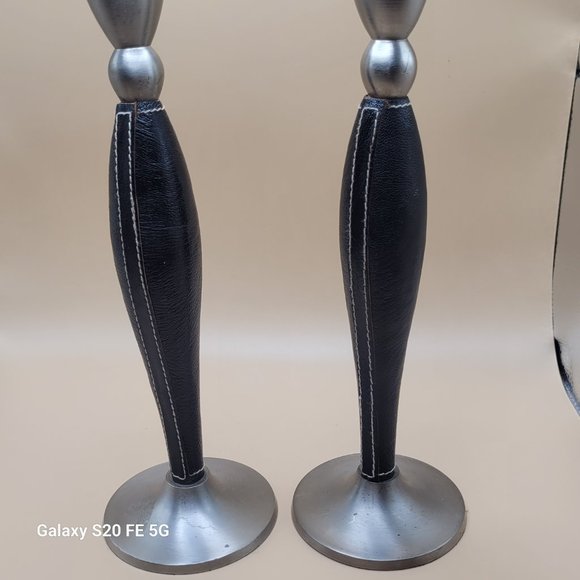 Candlestick Holders Faux Leather Silver Tone 11" Tall Set of 2 - Picture 4 of 9